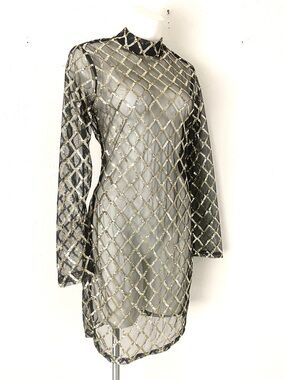 Iris Sheer Black Mesh Mini Dress | Gold Sequin Diamond Pattern Long Sleeve Large